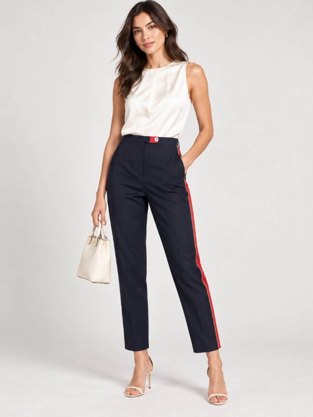 Pinko Midnight Blue Tuxedo Pants Metallic Lamé Stripe Tapered Trouser 6 S